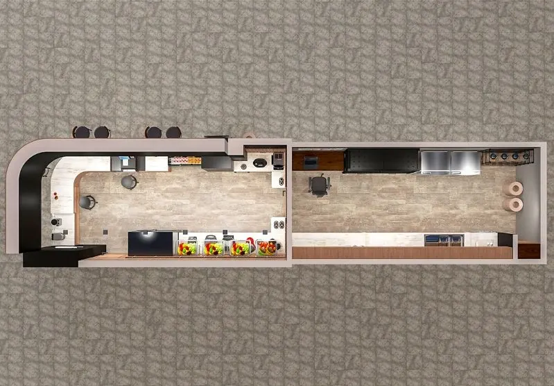 Bancone del negozio di succhi di alta gamma per centro commerciale, personalizzato con finitura in legno, banco da caffè su misura in stile legno per la vendita, vista del chiosco di succhi 5