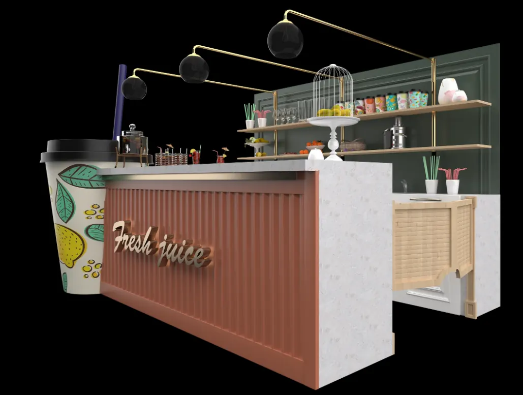 High-quality juice bar counter unique juice cup shape model Shopping center retail fast food kiosk juice kiosk view 3