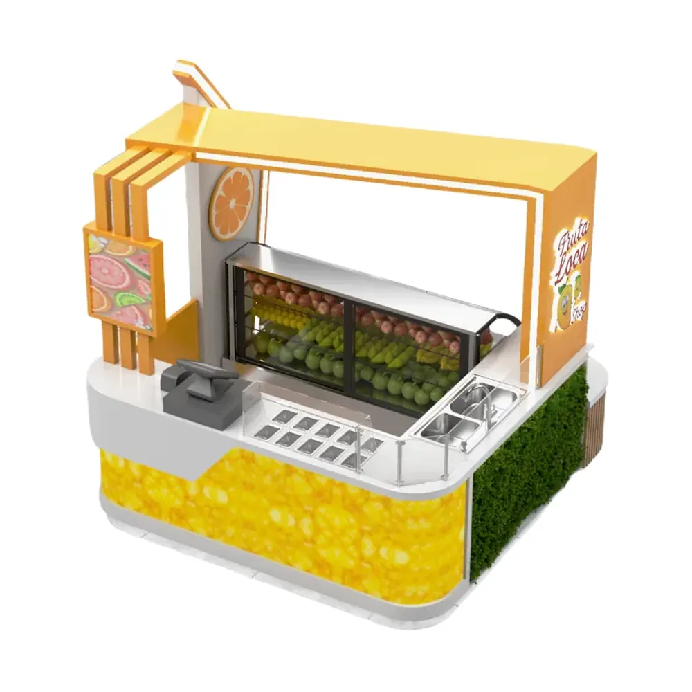 Acessórios para Quiosque de Bar de Sucos: Tipos para Shoppings, Campus e Eventos 1 Referência de quiosque de pequeno bar de sucos de frutas da página de produto correspondente da OYDisplay