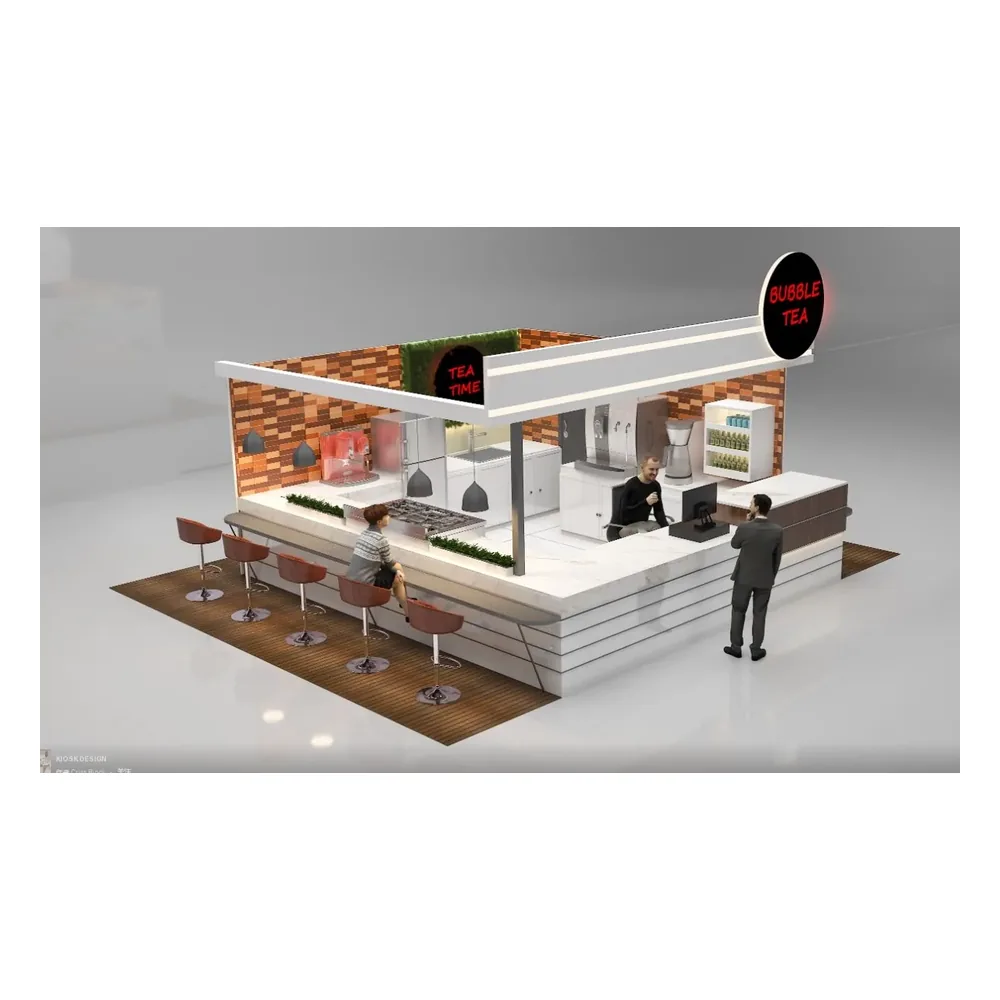 Vue 1 du kiosque à bubble tea blanc moderne de haute qualité avec chaise, bar de centre commercial personnalisé, stand de bubble tea à vendre