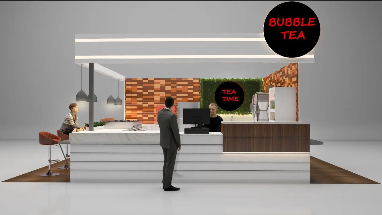 Vue 2 du kiosque à bubble tea blanc moderne de haute qualité avec chaise, bar de centre commercial personnalisé, stand de bubble tea à vendre