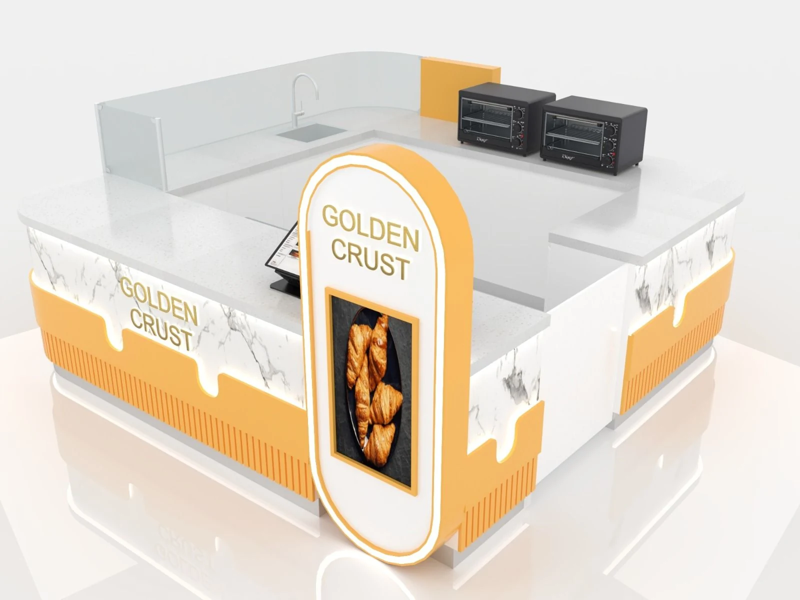 Hochwertiger gelber & weißer Pizza-Kiosk 10ft mal 10ft Bäckereiausstellung Einkaufszentrum Dessertladen Maßgeschneiderte Stände Bäckereikiosk Ansicht 4