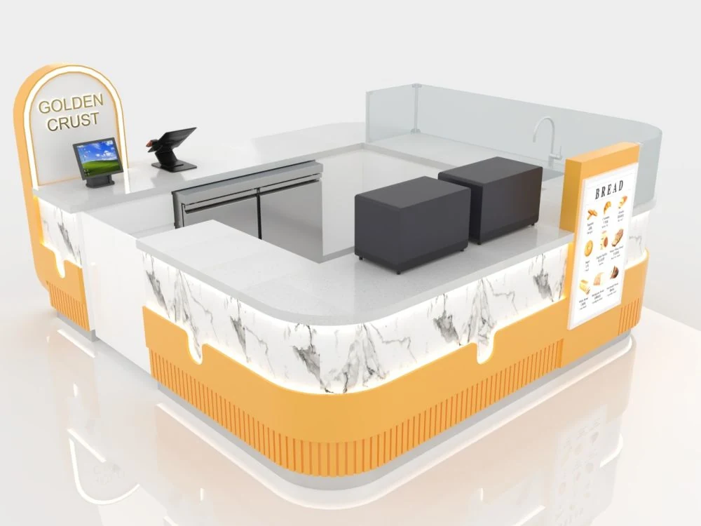 Hochwertiger gelber & weißer Pizza-Kiosk 10ft mal 10ft Bäckereiausstellung Einkaufszentrum Dessertladen Maßgeschneiderte Stände Bäckereikiosk Ansicht 5