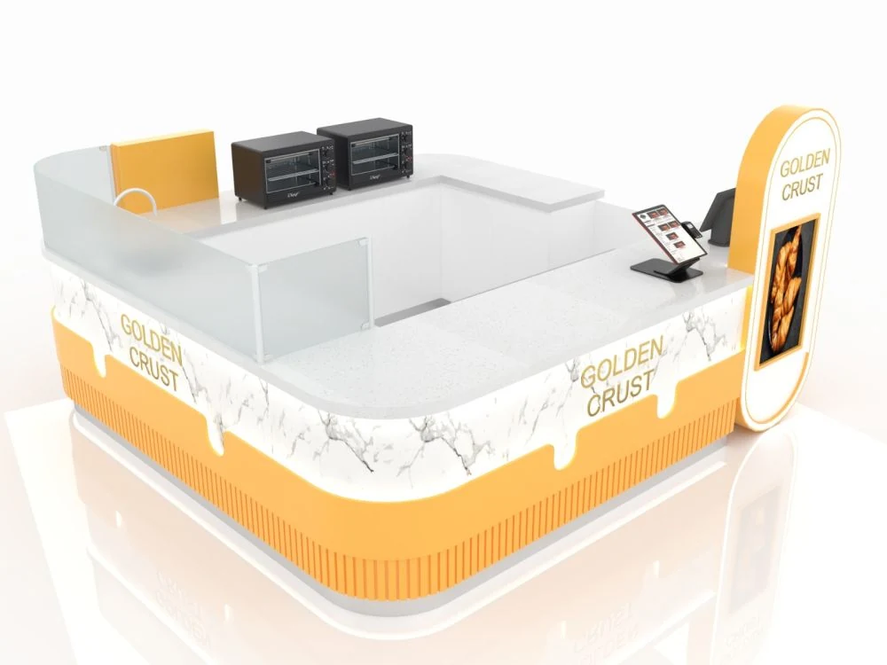 Hochwertiger gelber & weißer Pizza-Kiosk 10ft mal 10ft Bäckereiausstellung Einkaufszentrum Dessertladen Maßgeschneiderte Stände Bäckereikiosk Ansicht 7