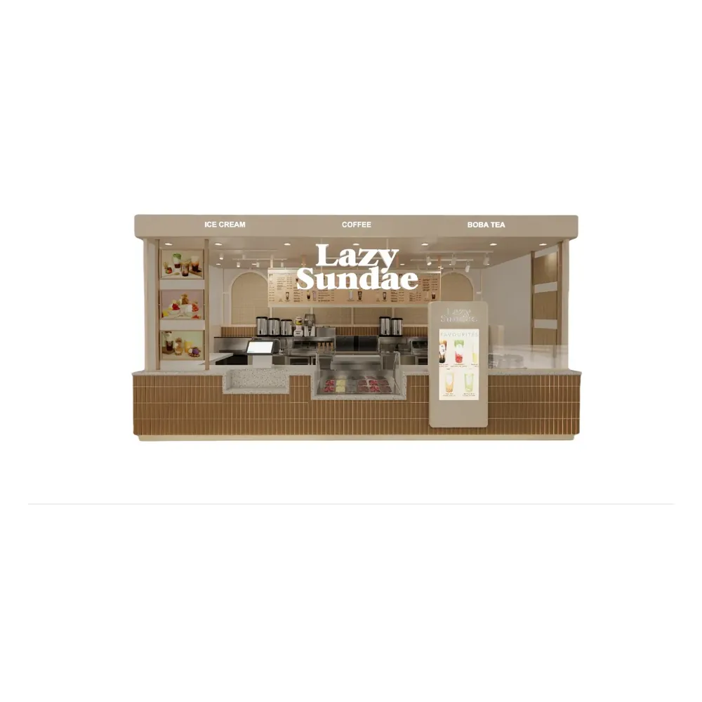Stand di cibo al chiuso, vendita al dettaglio di fast food, bubble tea, banco personalizzato, chiosco di centro commerciale, bancarella di cibo, vista 1