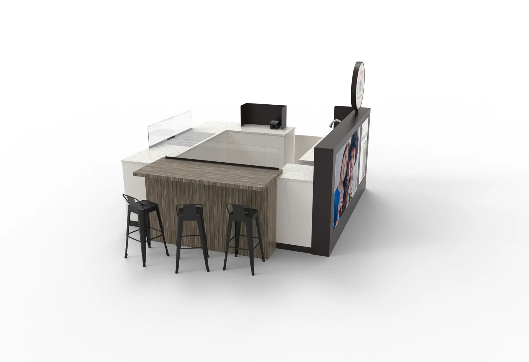 Vue 2 du kiosque à thé à bulles moderne Moderrn Boba Tea pour la vente au détail, comptoir de lait à bulles, centre commercial, bar