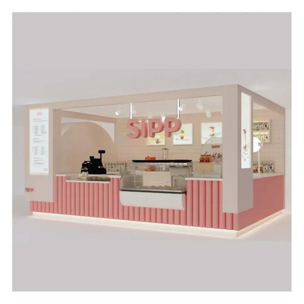 Pink Bubble-Tea-Kiosk Eleganz Boba-Shop-Möbel mit Sitzbereich Getränke bar zum Verkauf Bubble-Tea-Kiosk Ansicht 1