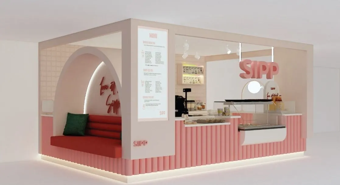 Pink Bubble-Tea-Kiosk Eleganz Boba-Shop-Möbel mit Sitzbereich Getränke bar zum Verkauf Bubble-Tea-Kiosk Ansicht 2
