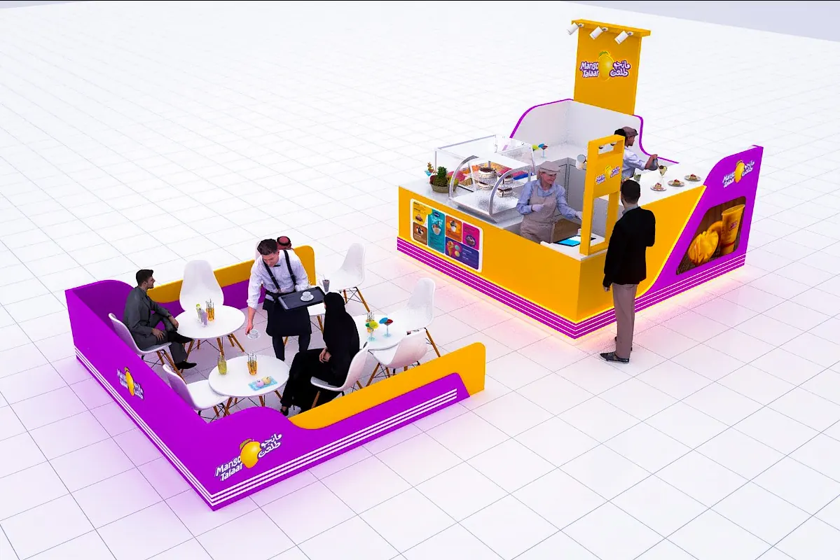 Purple Juice Kiosk Design Eisdielenstand mit Sitzbereich für Einkaufszentrum im Angebot Saftkiosk Ansicht 2