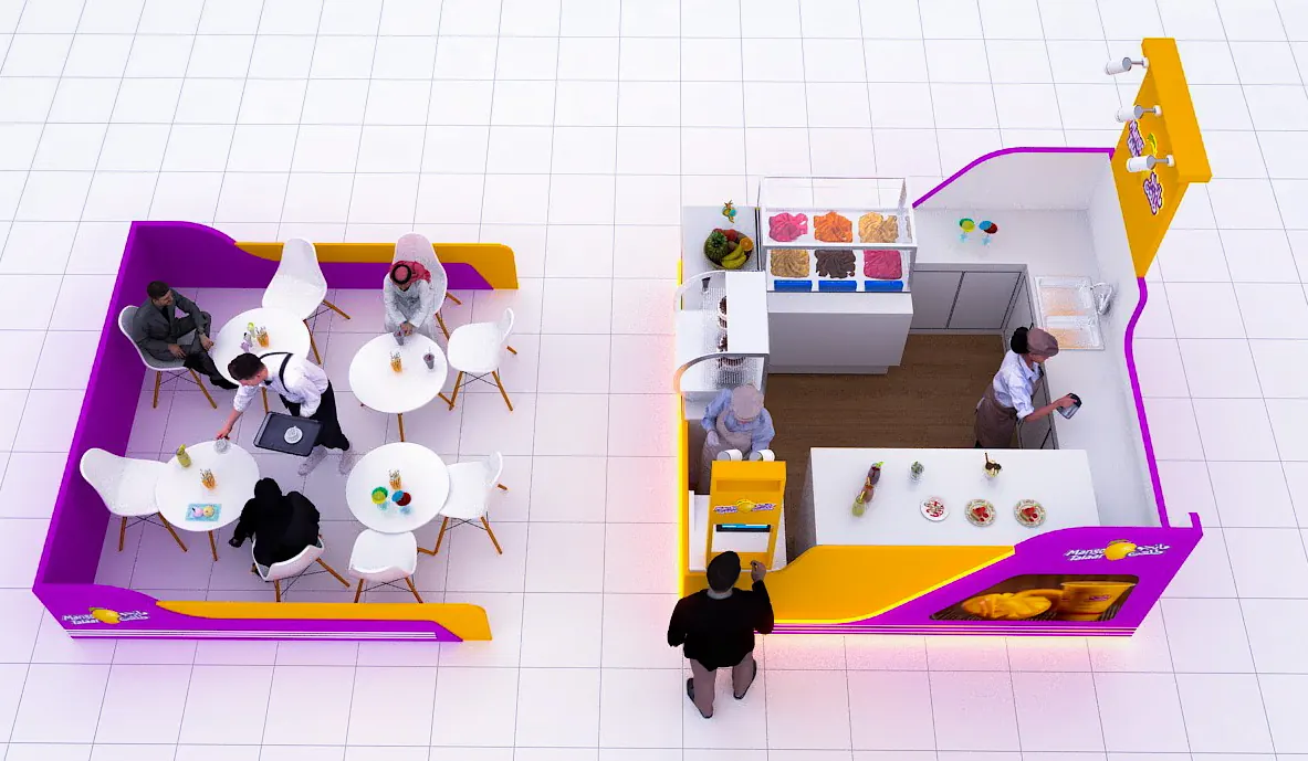 Purple Juice Kiosk Design Eisdielenstand mit Sitzbereich für Einkaufszentrum im Angebot Saftkiosk Ansicht 3