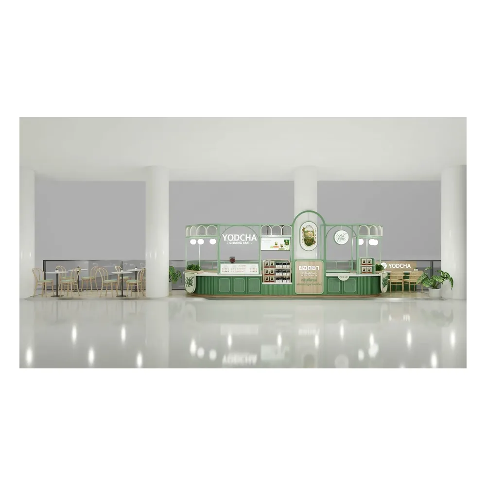 Retro Green Bubble Tea Kiosk Custom Boba Tea Booth Inside Hallway Boba Bar bubble tea kiosk view 1