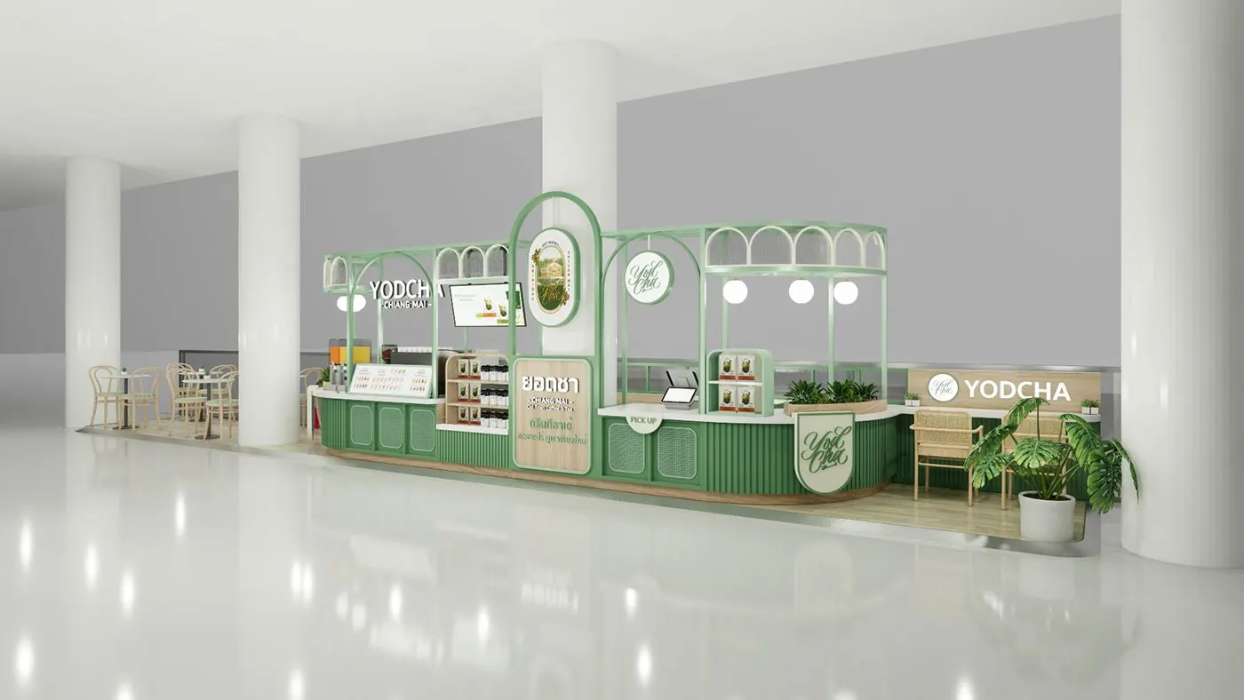 Retro Green Bubble Tea Kiosk Custom Boba Tea Booth Inside Hallway Boba Bar bubble tea kiosk view 2