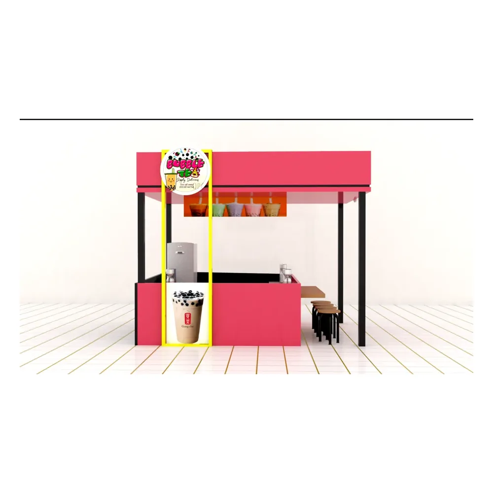 Vue 1 du kiosque à thé à bulles Rose, petit stand de thé à bulles avec toit pour centre commercial en vente