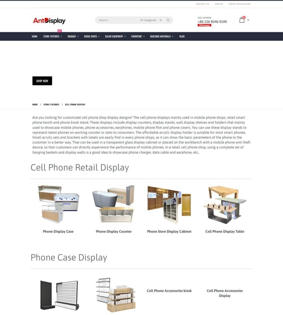 Pagina delle attrezzature espositive per negozi di telefonia Ant Display