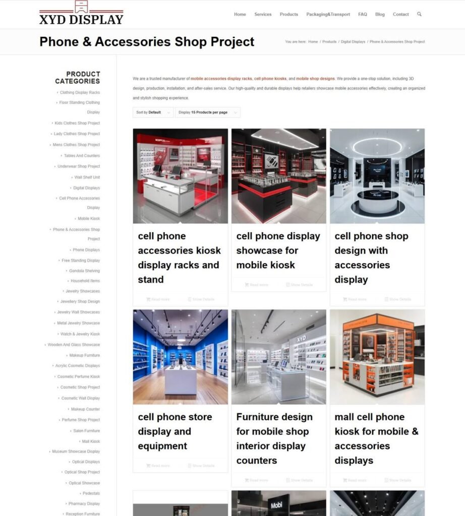 Pagina del progetto di espositori per accessori telefonici XYD Display