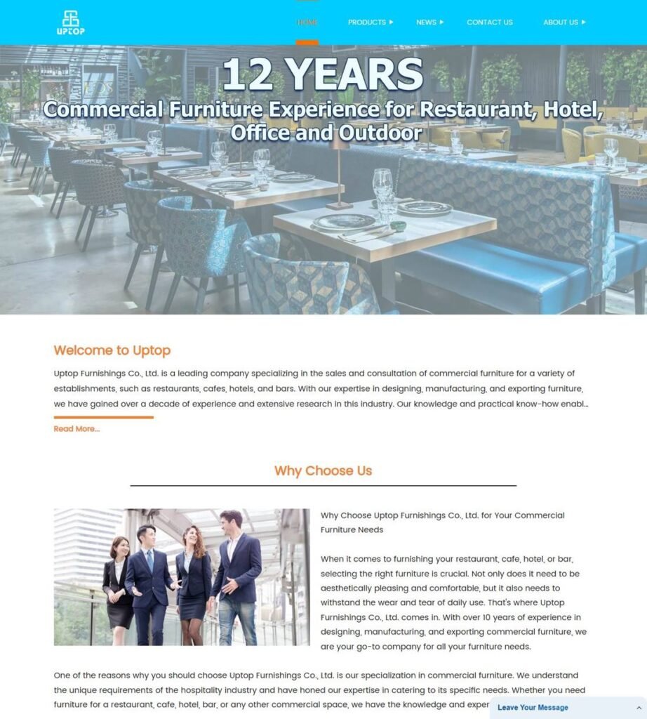 Uptop Furnishings homepage di mobili per ristoranti e caffetterie