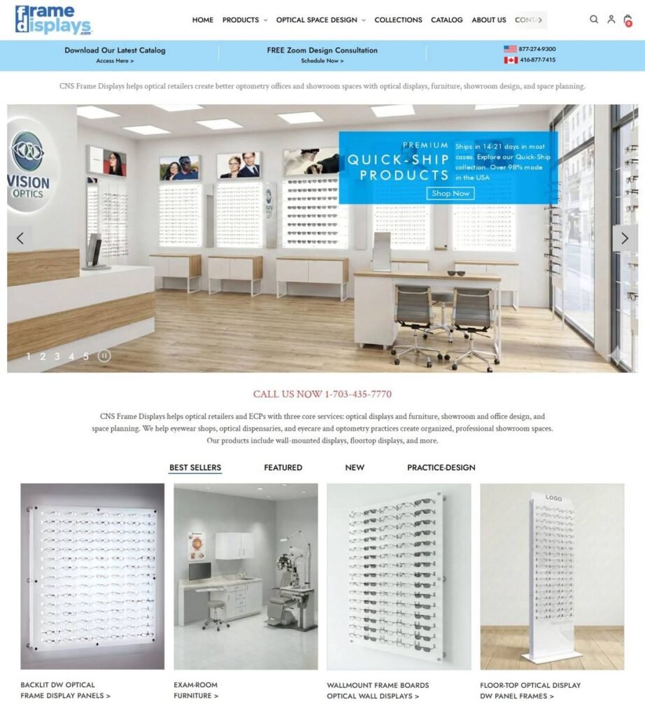 الصفحة الرئيسية لعرض إطارات النظارات وتخطيط المساحات من CNS Frame Displays