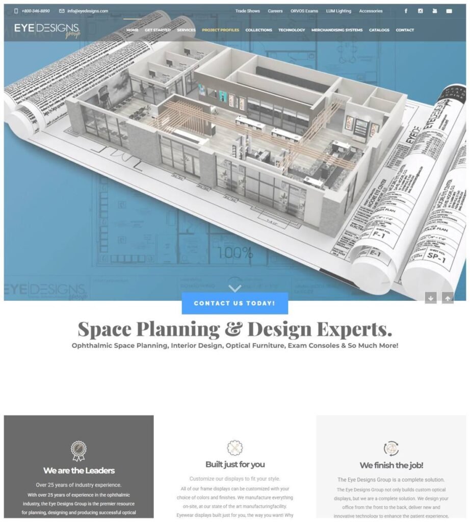 الصفحة الرئيسية لعرض وتصميم مساحات محلات البصريات من مجموعة تصميم العين