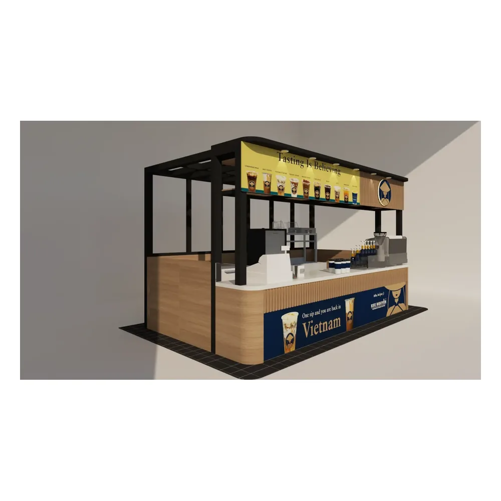 Kiosque traditionnel de thé Boba, conception de comptoir de bubble tea pour centres commerciaux, vue 1 du kiosque à bubble tea