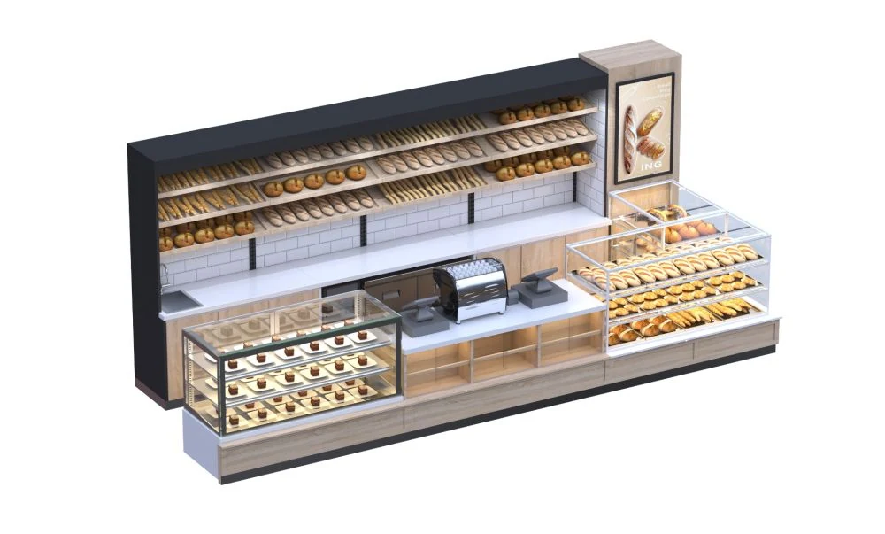 Visualização do quiosque de padaria de madeira com expositores de vidro, prateleira personalizada para padaria, forma de L em móveis de rosquinha - visual 3