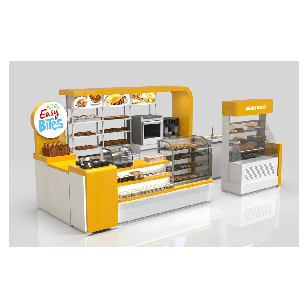 Gelbes Thema Bäckerei-Auslage Kuchen-Showcase Individuelle Einzelhandels Schnellimbiss-Stand mit Glasschrank zum Verkauf Kiosk-Ansicht 1