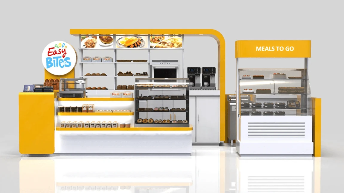 Gelbes Thema Bäckerei-Auslage Kuchen-Showcase Individuelle Einzelhandels Schnellimbiss-Stand mit Glasschrank zum Verkauf Kiosk-Ansicht 3