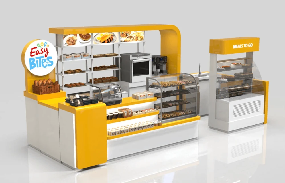 Gelbes Thema Bäckerei-Auslage Kuchen-Showcase Individuelle Einzelhandel Schnellimbiss-Stand mit Glasschrank zum Verkauf Bäckerei-Kiosk Ansicht 5