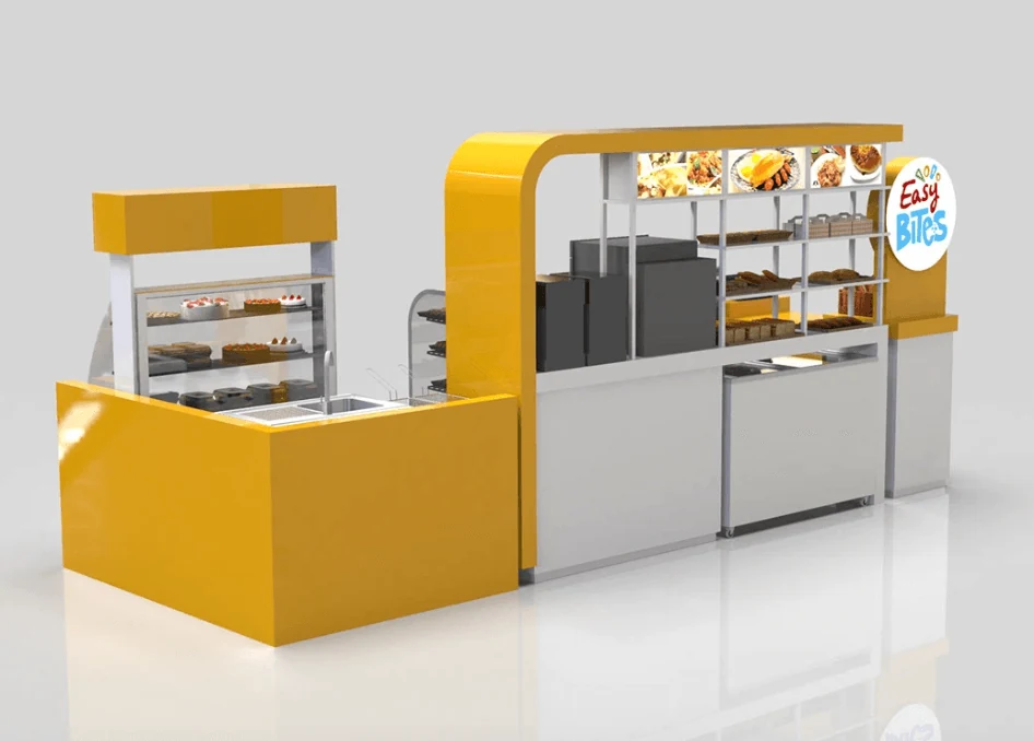 Gelbes Thema Bäckerei-Auslage Kuchen-Showcase Individuelle Einzelhandel Schnellimbiss-Stand mit Glasschrank zum Verkauf Bäckerei-Kiosk Ansicht 6