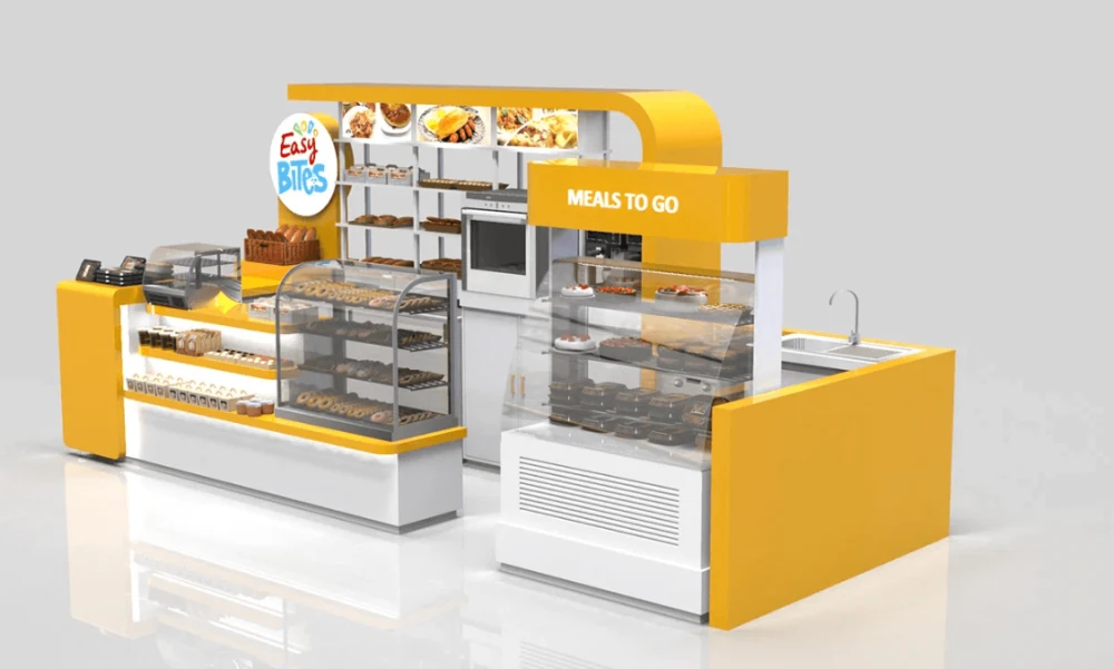 Gelbes Thema Bäckerei-Auslage Kuchen-Showcase Individuelle Einzelhandel Schnellimbiss-Stand mit Glasschrank zum Verkauf Bäckerei-Kiosk Ansicht 8