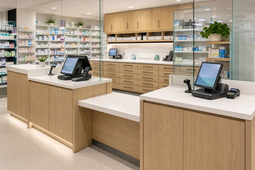 Profesyonel eczane dispensary ve reçete alma tezgahı, güvenli depolama ile