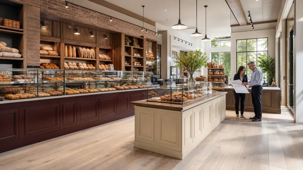 Bäckereiplanüberprüfung neben Ouyee-Glasvitrinen, burgunderfarbene Paneele, Brotwand-Schränke und Creme-Insel