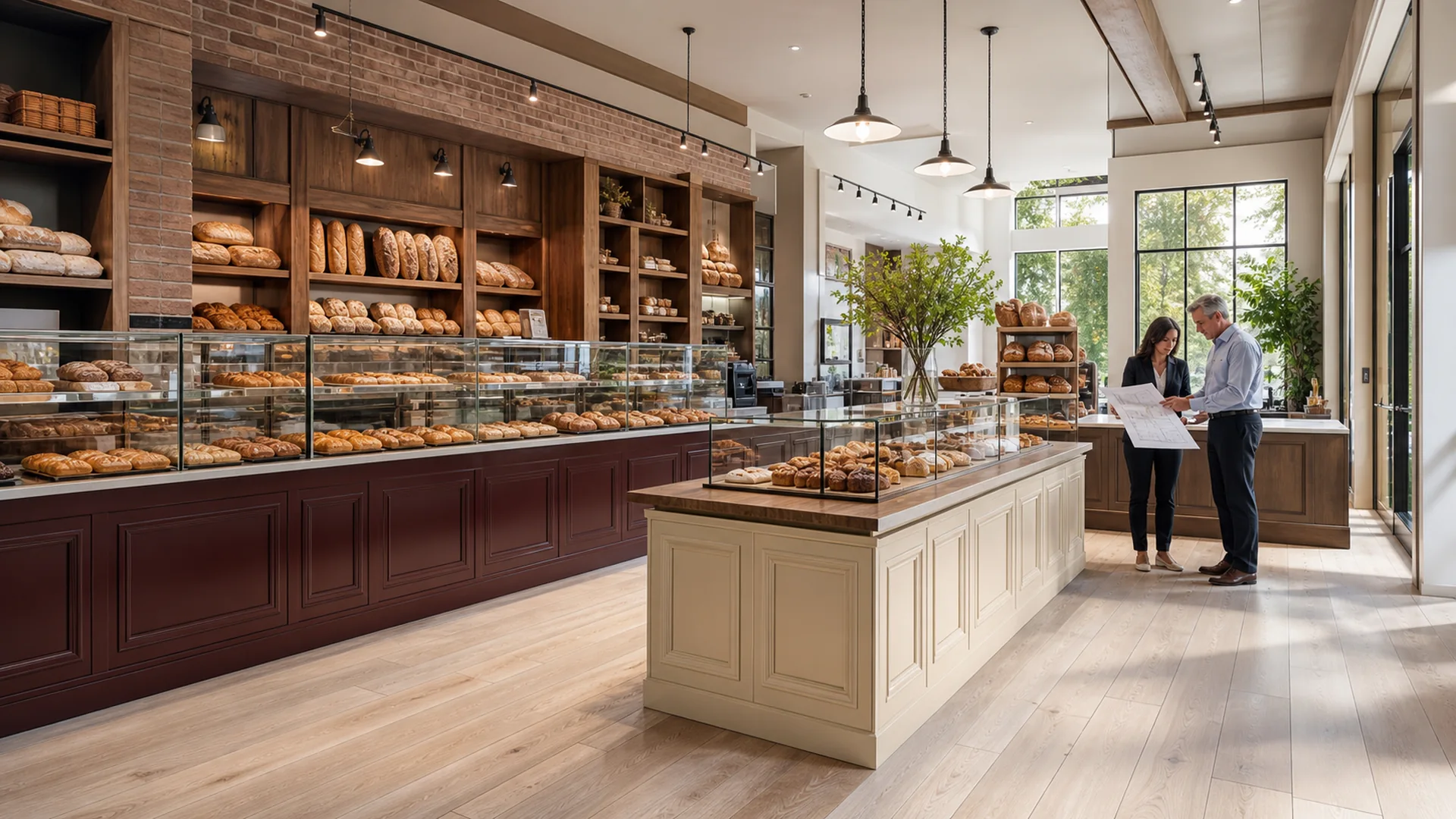 Alabama bakery plan review beside Ouyee glass showcases, burgundy paneled counters, bread wall cabinets and cream island