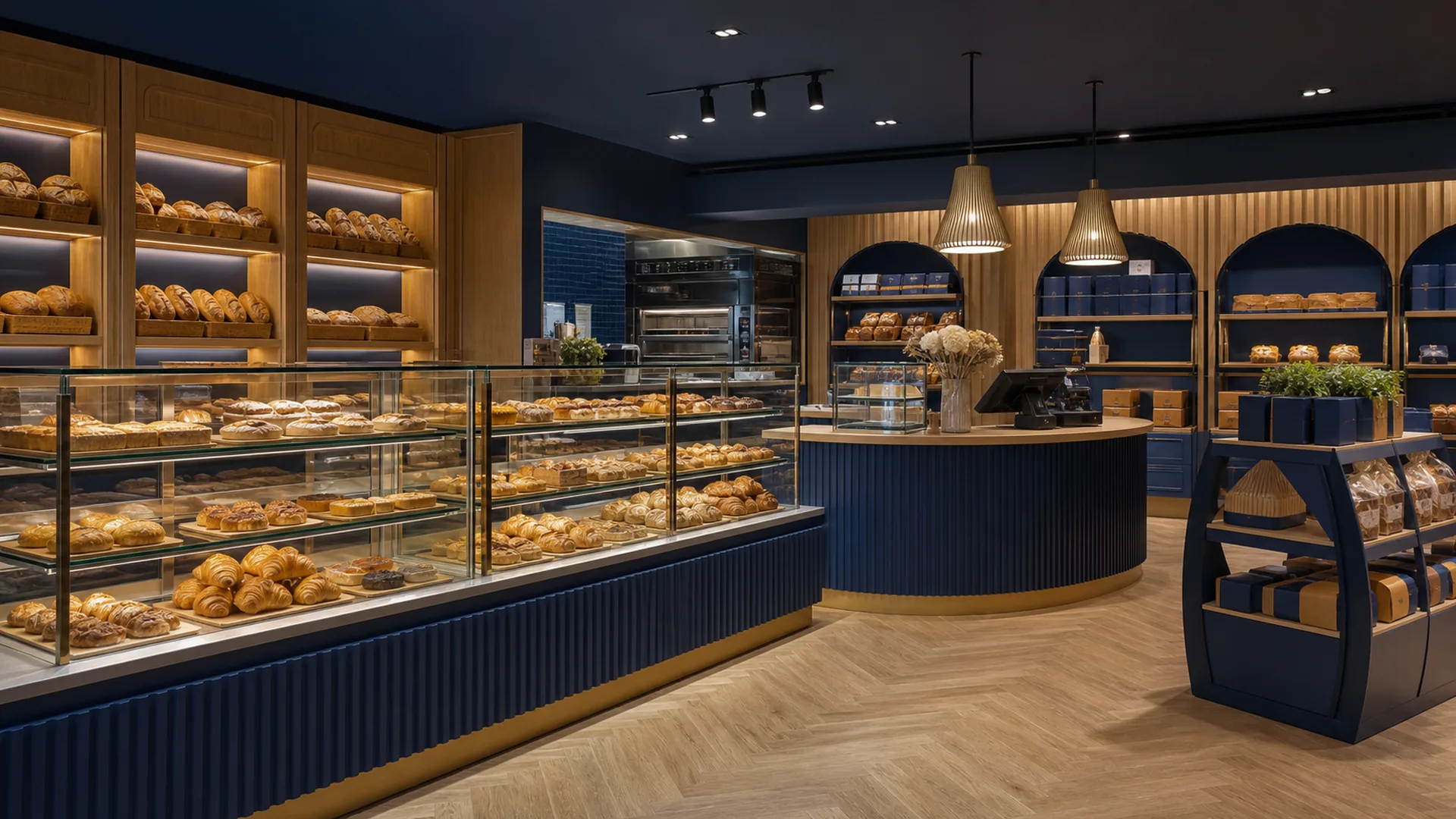 Premium Ouyee bakery interior featuring glass showcases, paneled counters, wall cabinets and display islands for how to do bakery branding