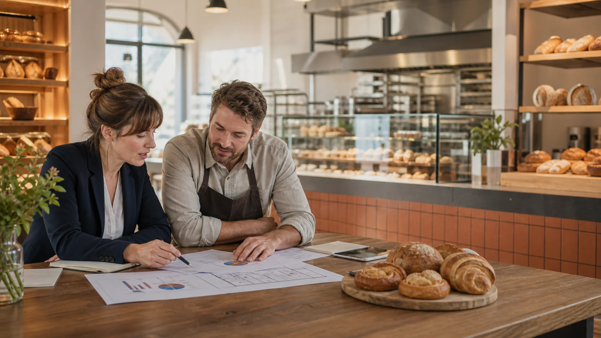 Bäckerei-Geschäftsplan: Ein praktischer Schritt-für-Schritt-Leitfaden 1 Bäckereibesitzer, der einen Geschäftsplan von Ouyee Display überprüft