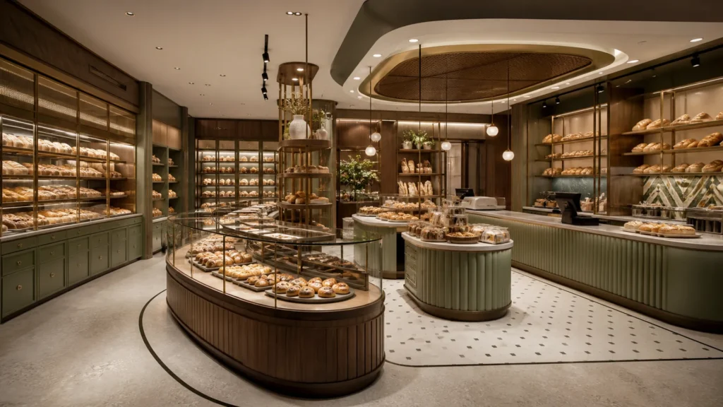 Hochwertiges Ouyee Bäckerei-Interieur mit Glasvitrinen, vertäfelten Theken, Wandschränken und Präsentationsinseln für Bäckerei-Design-Ideen