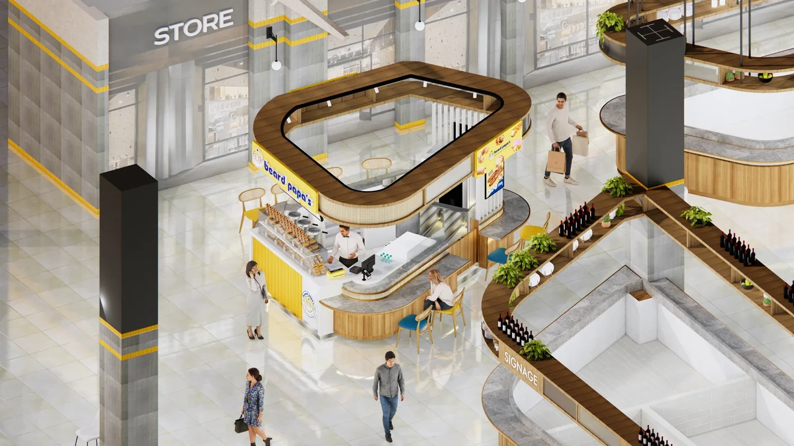 Distribución eficiente de la panadería Ouyee con mostrador de servicio coordinado, vitrinas de vidrio, zonas de trabajo y circulación de clientes