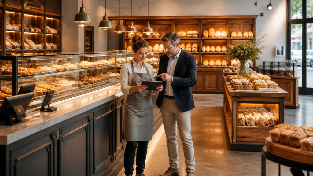 Bakery owner and adviser reviewing business performance beside Ouyee glass showcases, paneled counters, bread wall cabinets and island