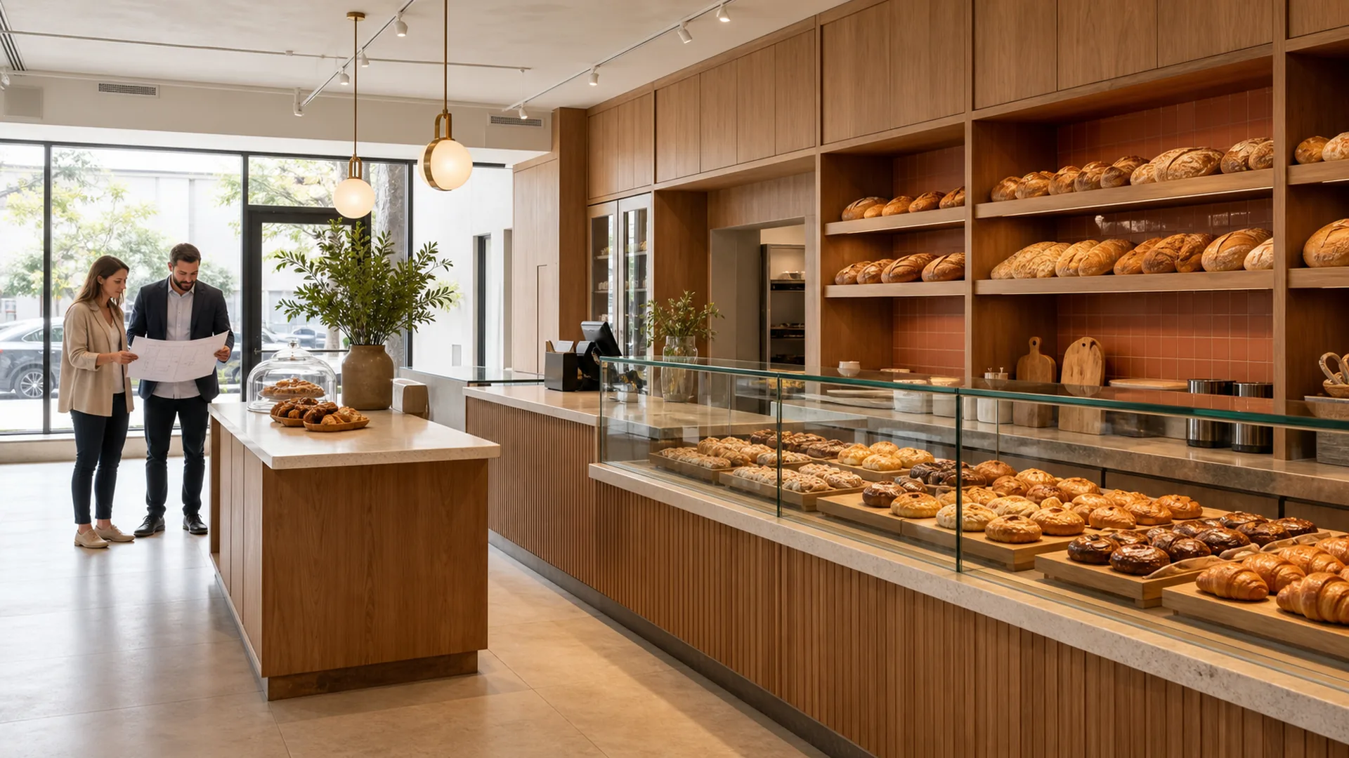 Wie viel kostet es, eine Bäckerei zu mieten? Leasing-Leitfaden 2026 1 Potenzielle Bäckereimieter, die einen Grundriss neben Ouyee-Glasvitrinen, Service-Theken und Brotwand-Schränken prüfen