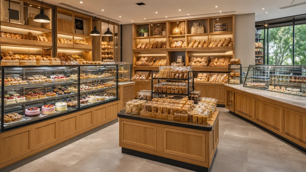 Premium Ouyee-Bäckereieinrichtung mit Glasvitrinen, paneelierten Theken, Wandkästen und Präsentationsinseln für Backwaren
