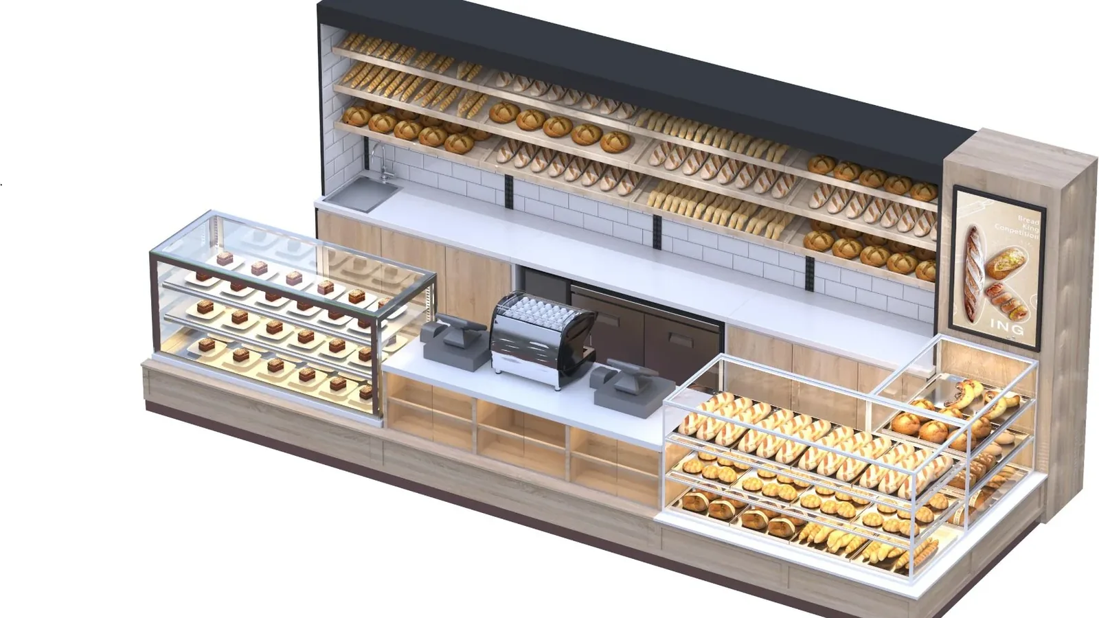 Système d'équipement de boulangerie Ouyee avec étagères murales pour pain, vitrines en verre, rangement de comptoir et matériel de vente