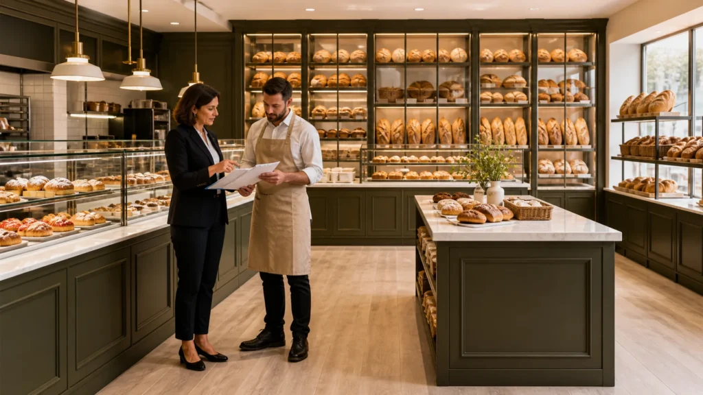 Bakery owner reviewing permits with an inspector inside an Ouyee store with glass showcases, paneled counters, bread wall cabinets and island