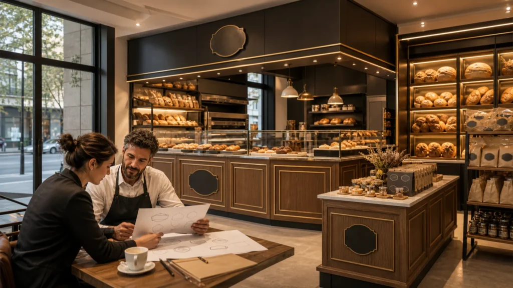 Designer and bakery owner reviewing logo sketches inside an Ouyee store with branded panel counters, glass showcases, wall cabinets and island