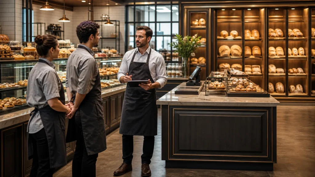 Bakery manager briefing staff beside Ouyee glass showcases, paneled service counter and illuminated bread wall cabinets