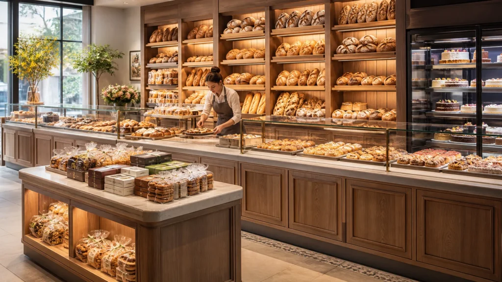 Organized bakery menu displayed in Ouyee bread wall shelving, glass pastry showcases, refrigerated cake cabinet and center island