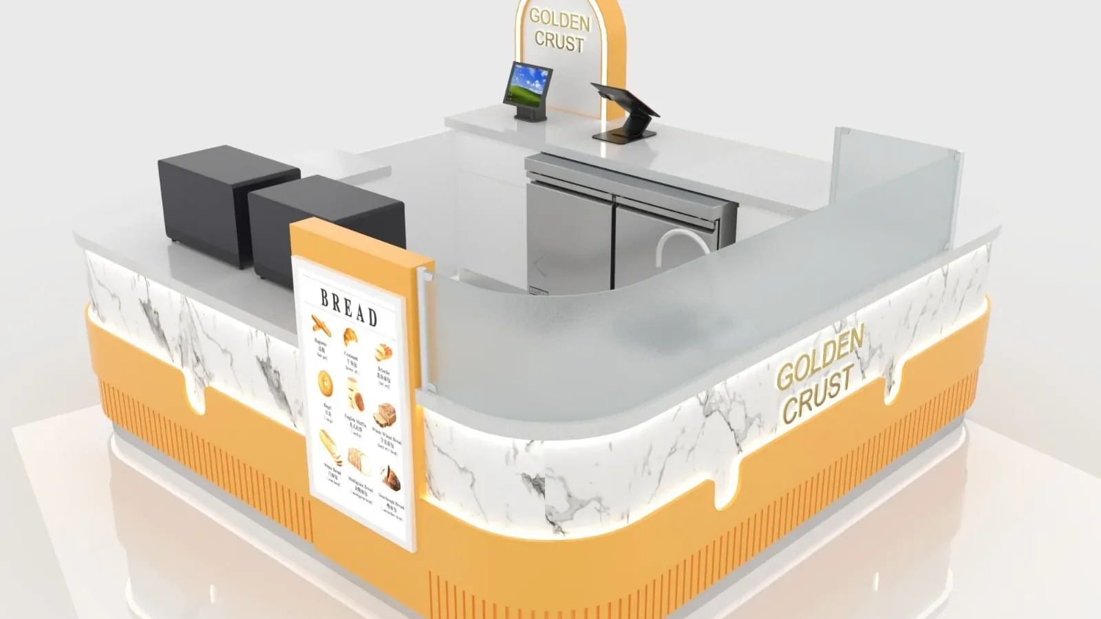 15 Idee per il Menu di Panetteria con un Piano di Prodotti Pratico 3 Sistema di merchandising panetteria Ouyee con scaffali per pane, banconi in vetro e isola di prodotti