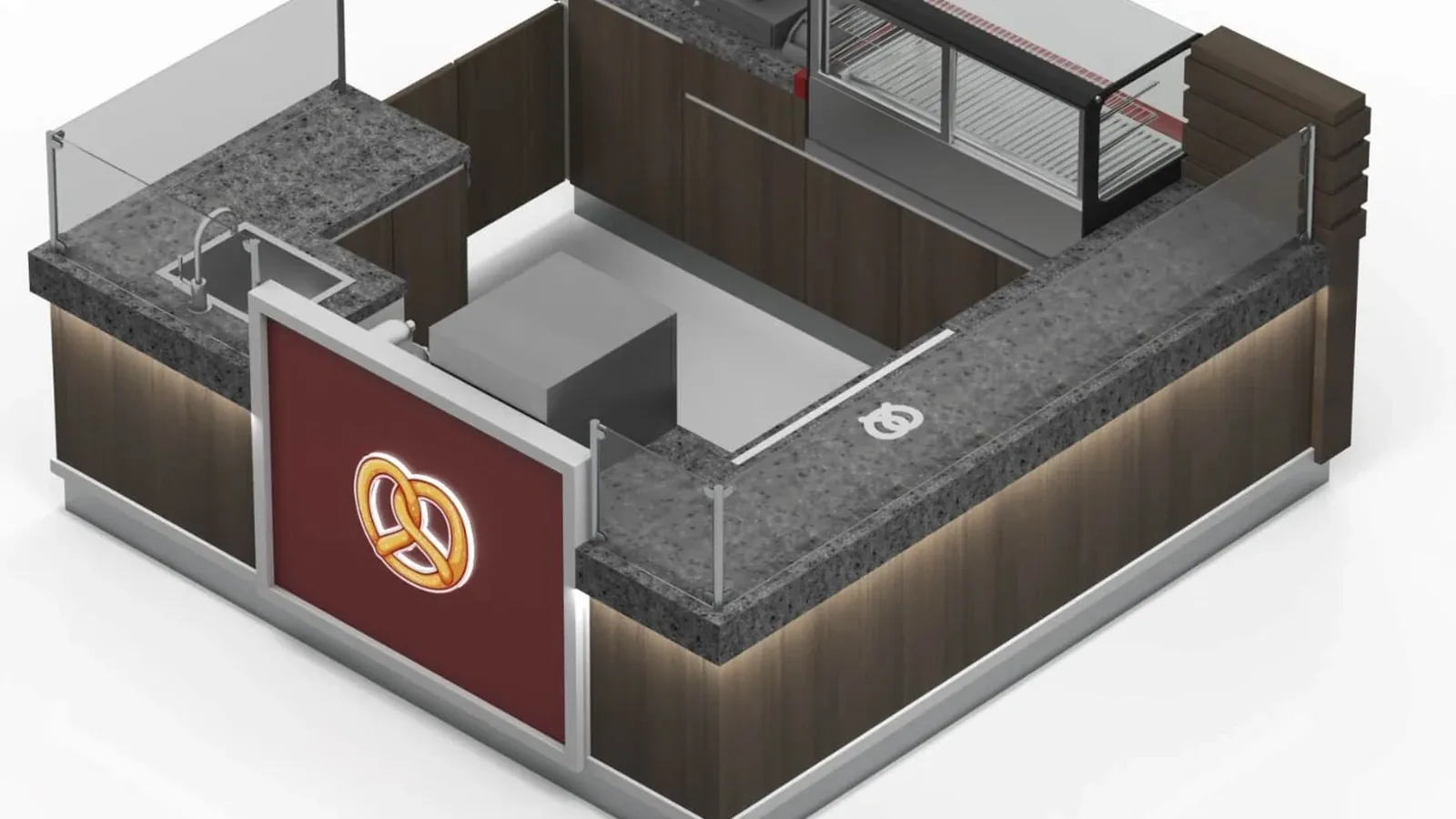 Actifs intérieurs de la boulangerie, y compris les comptoirs en verre Ouyee pour pâtisseries, les armoires de service et le système complet de murs de marchandises