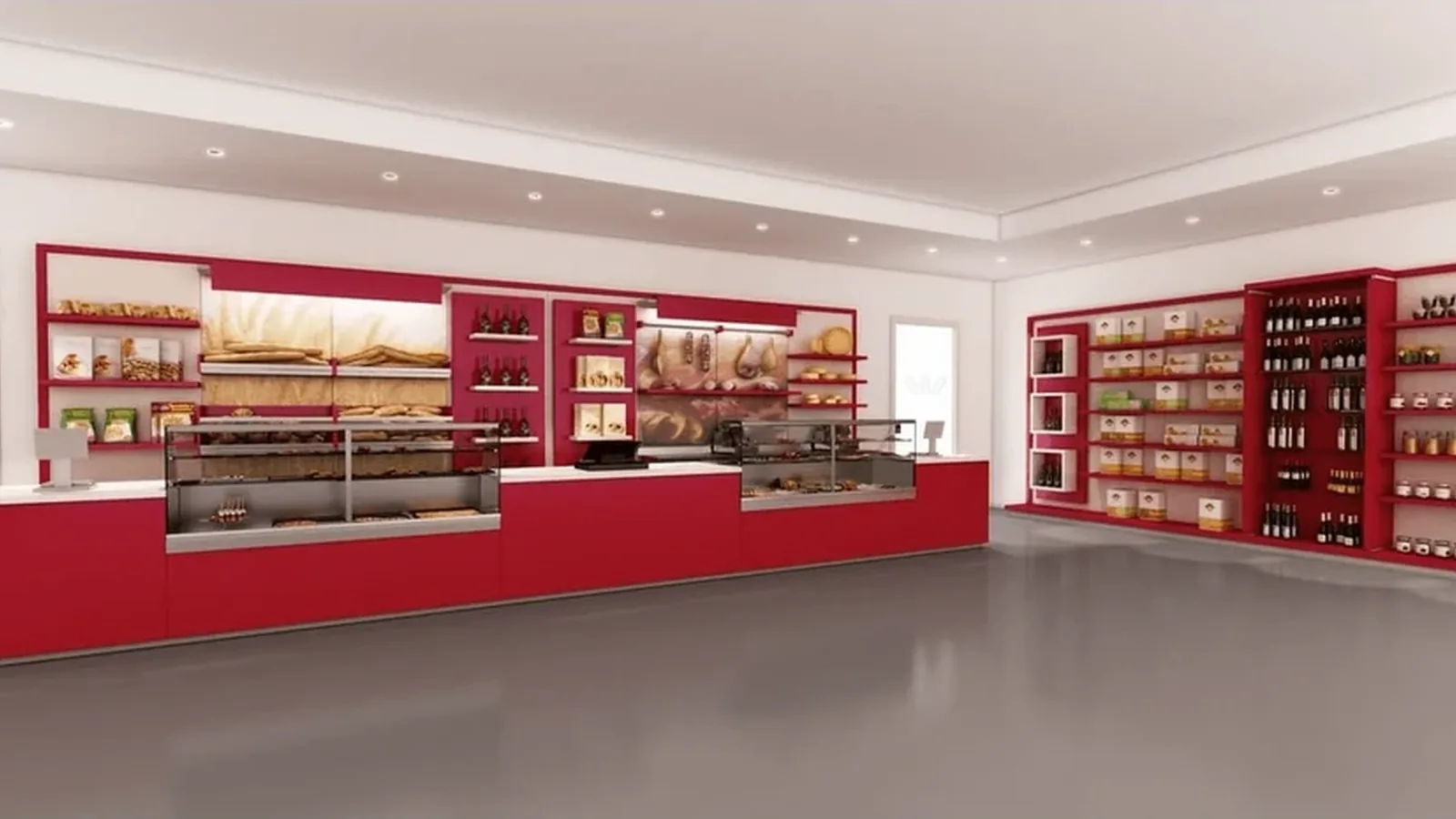 Wie viel kostet es, eine Bäckerei zu mieten? Mietleitfaden 2026 2 Rote Bäckereimiete-Innenausstattung mit Ouyee-Glasgebäcktheken und vollhohen Warenschrankwänden