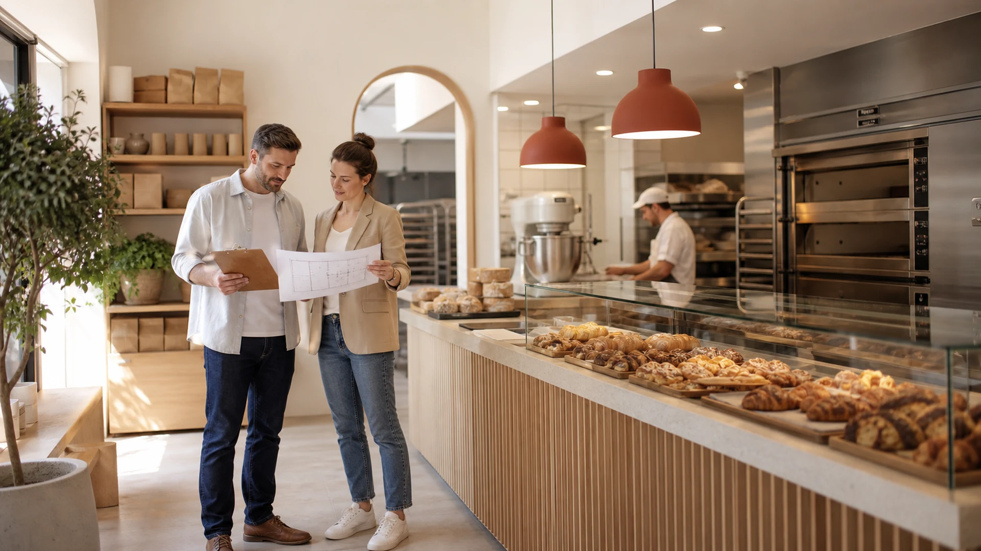 Bakery owners planning startup costs in a fitted bakery by Ouyee Display