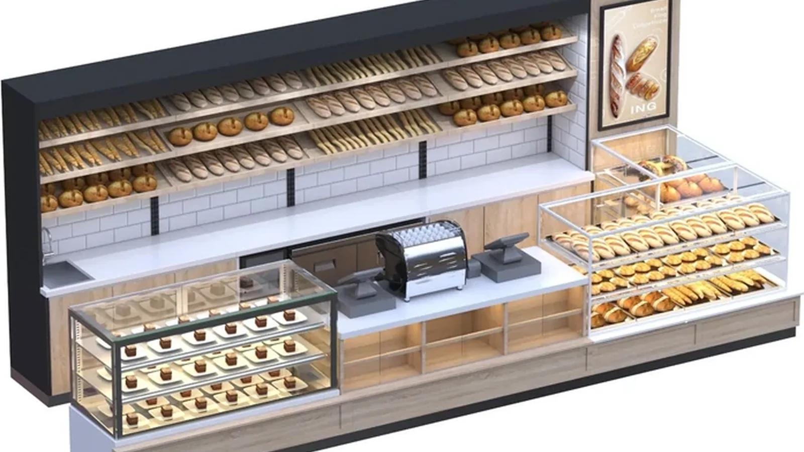 Wie viel kostet es, eine Bäckerei zu mieten? Mietleitfaden 2026 3 Ouyee Bäckereieinrichtungssystem mit Brotwandregalen, Glaskuchenpräsentation, Servicetheke und offenem Gebäckregal