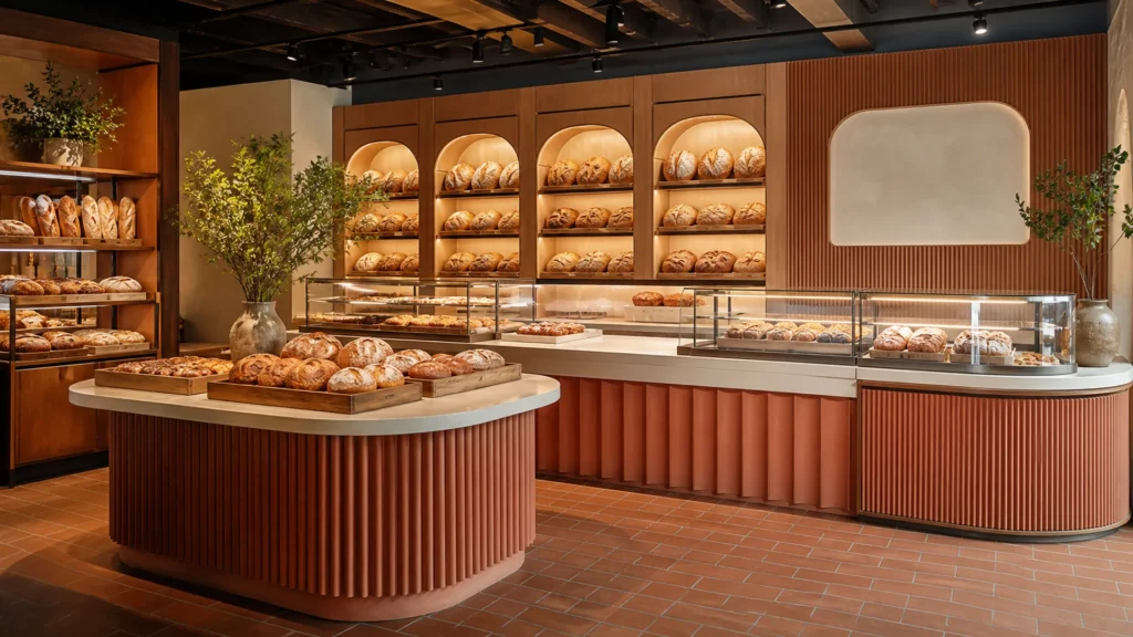 Premium Ouyee Bäckereiinneausstattung mit Glaskästen, verkleideten Theken, Wandvitrinen und Präsentationsinseln für Bäckereinamen